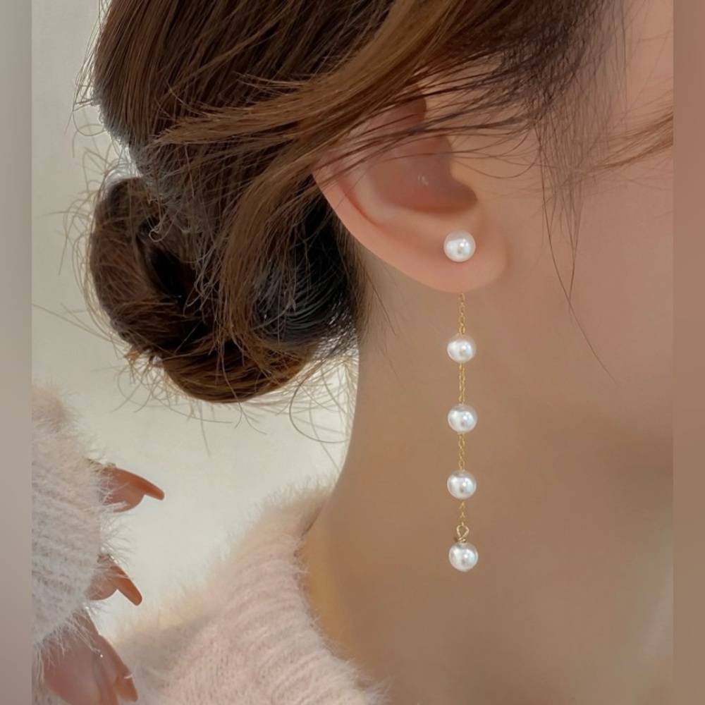 Freshwater Pearl Drop Earrings on Gold Chain • Front-Back Closure • Boutique